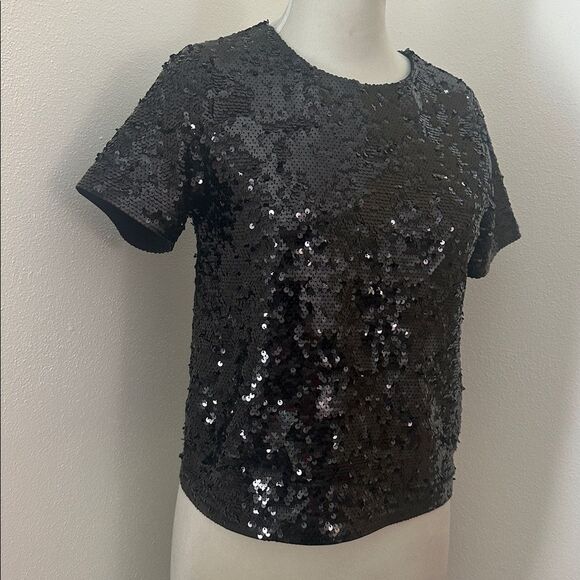 Michael Kors black sequin short sleeve top blouse XS back zip - Picture 2 of 8